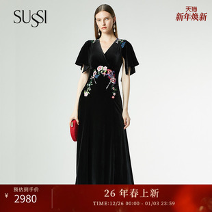 黑色丝绒拖尾连衣裙腰肩立体绣花小礼服裙29373801