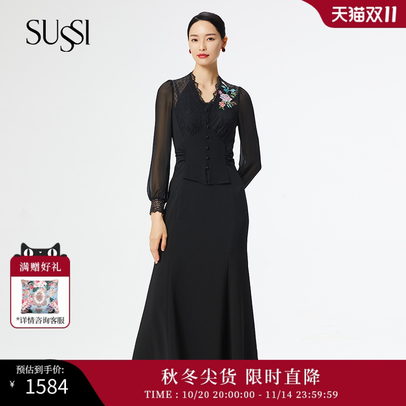 花边V领贴花灯笼袖中长款连衣裙