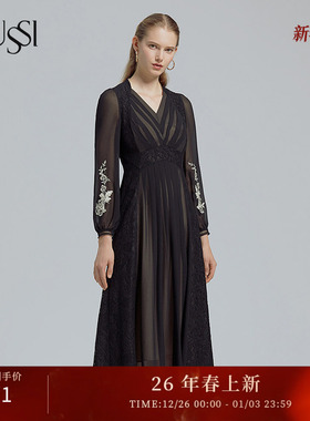 SUSSI/古色女装高端前中拉褶黑色气质复古绣花长连衣裙2201L2781