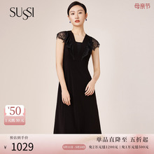 SUSSI/古色夏季新品黑色复古X型蕾丝拼接V领短袖荷叶袖连衣裙女