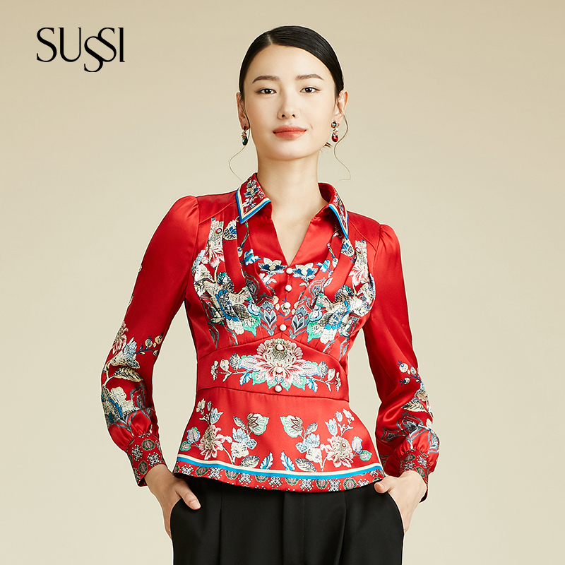 古色新品印花衬衫领长袖上衣