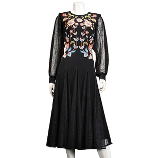 古色春季新款敦煌系列黑色复古宫廷风刺绣中长款礼服连衣裙女