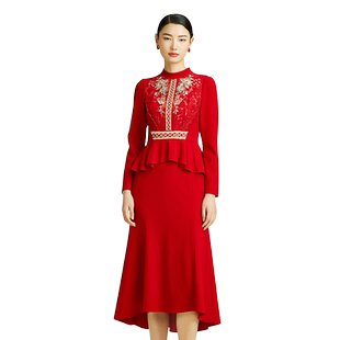 SUSSI/古色春夏商场同款新年红装新中式妈妈婚宴礼服刺绣连衣裙