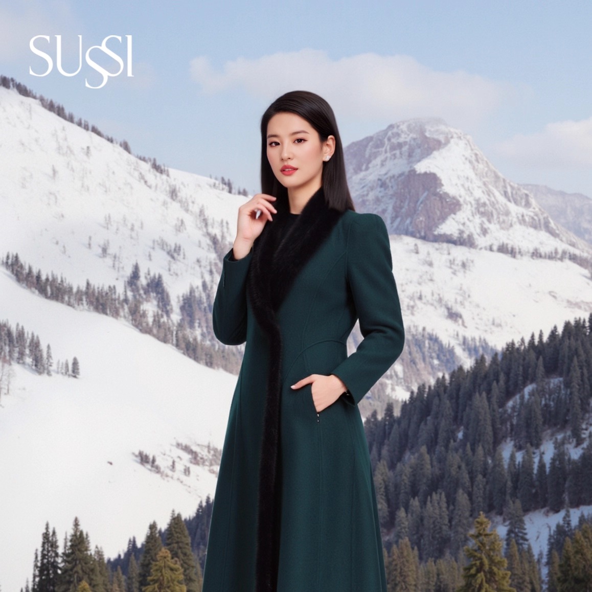 貂毛领双面呢长款大衣外套女