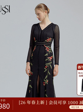 SUSSI/古色春季早春夜宴气质修身轻奢长袖鱼尾连衣裙6201N1330