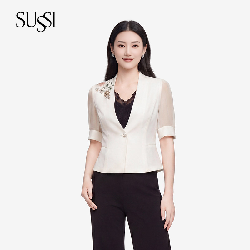 SUSSI/古色26夏新款商场同款V领一粒扣短款外套修身型百搭优雅风