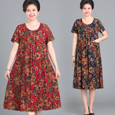 中老年女装短袖棉绸时尚连衣裙