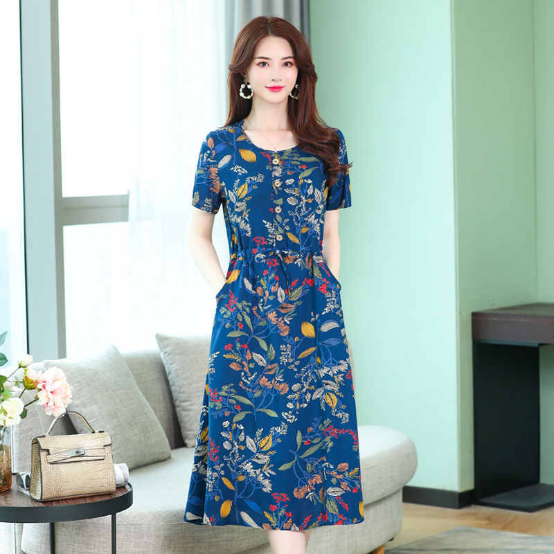 券后49.00元2019夏季新款女装短袖修身连衣裙中长款碎花中老年妈妈装棉绸裙子