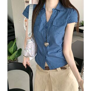 芷欣实价#蓝色短袖格子衬衫女2026春衬衣修身显瘦外搭短款收腰衣