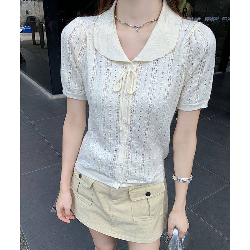 芷欣实价#娃娃领镂空冰丝针织短袖t恤女春季正肩2026新款修身薄款