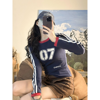 长袖美式辣妹三条杠纯棉修身T恤