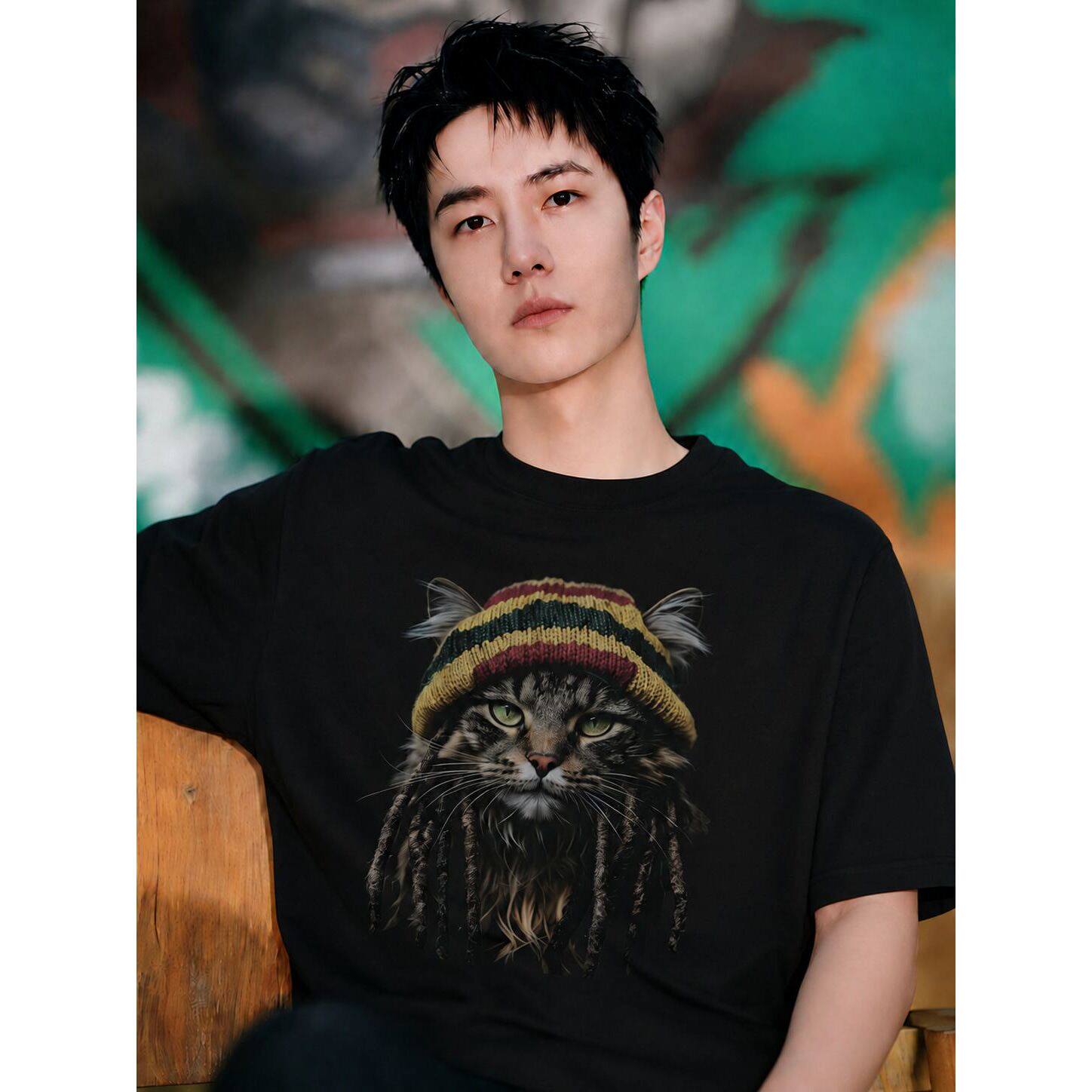 王一博同款明星夏季男装短袖T恤雷鬼猫咪美式街头复古潮流高街