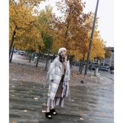 Áo khoác nữ mùa đông gió 2019 phiên bản mới của Hàn Quốc có phần dài của thắt lưng thắt lưng màu tương phản áo kẻ sọc - Áo khoác ngắn