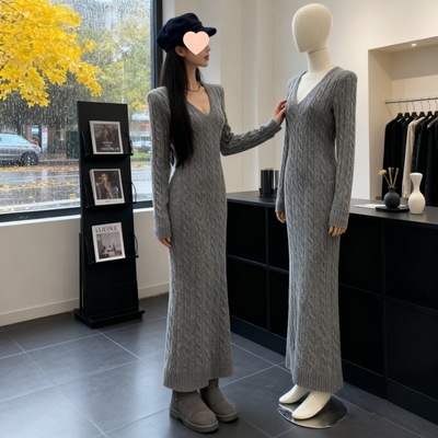 复古V领麻花纹OL针织毛衣连衣裙