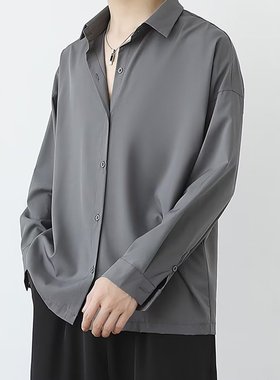 男士夏季2024年新款免烫垂坠感港风短袖衬衫港风宽松冰丝坠感衬衣