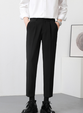 夏季新款男士黑色商务正装修身九分裤休闲裤小脚高级垂坠感西裤