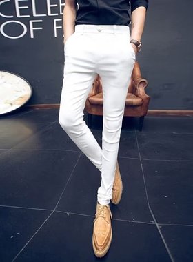 夏季新款休闲西裤修身潮牌网红紧身白色小脚裤子痞帅潮流男装
