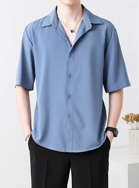 夏季薄款冰丝短袖衬衫男士韩版百搭潮流宽松休闲舒适休闲衬衫