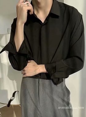 男士2024新款宽松潮流纯色短袖衬衫男ins轻熟风夏季新休闲青年