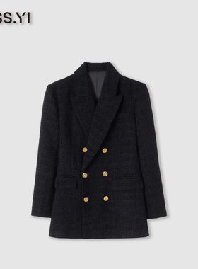 BOSS YI 黑色粗花呢双排扣西装外套女复古金扣高级感上衣TYAW283