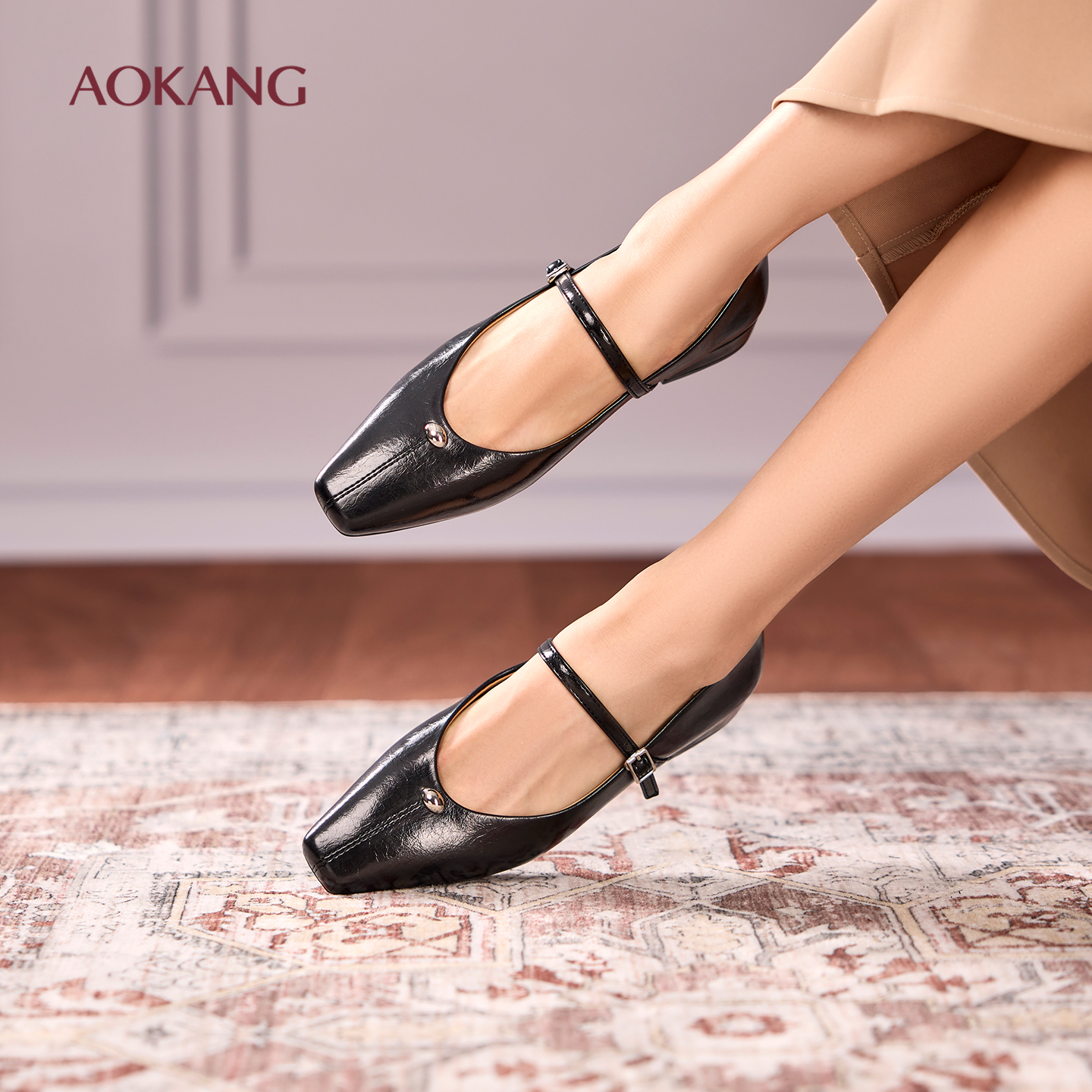 奥康 女鞋2025秋季新款复古玛丽珍单鞋女浅口方头粗跟一字带平底