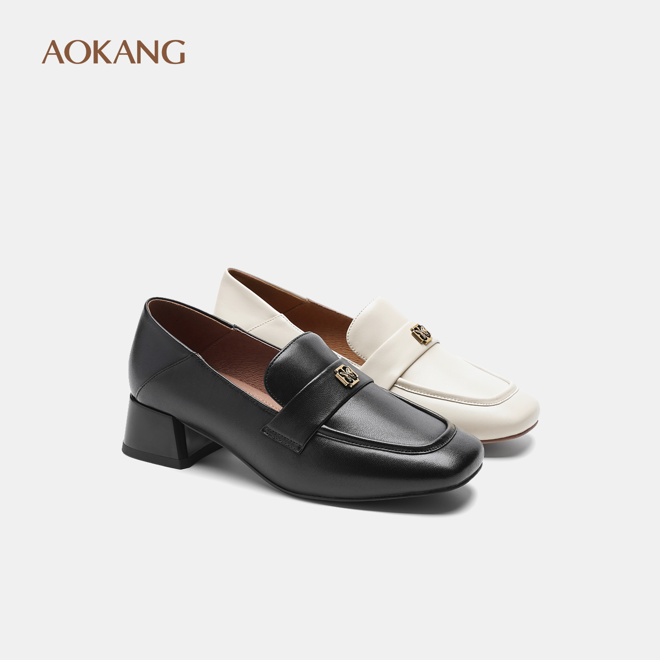 奥康气质优雅真皮通勤粗跟乐福鞋