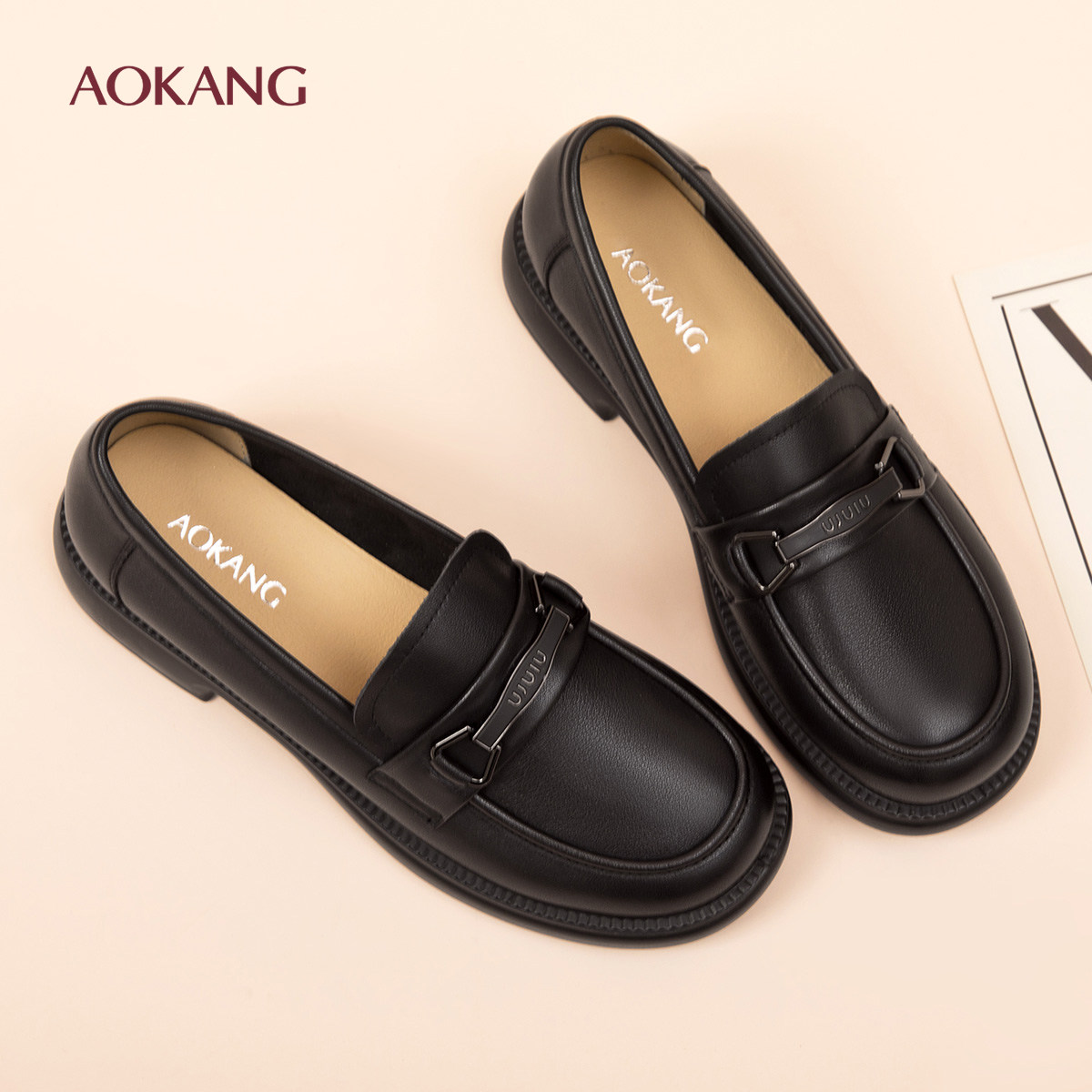 奥康 女鞋2026春季新款时尚百搭乐福鞋粗跟舒适浅口单鞋N