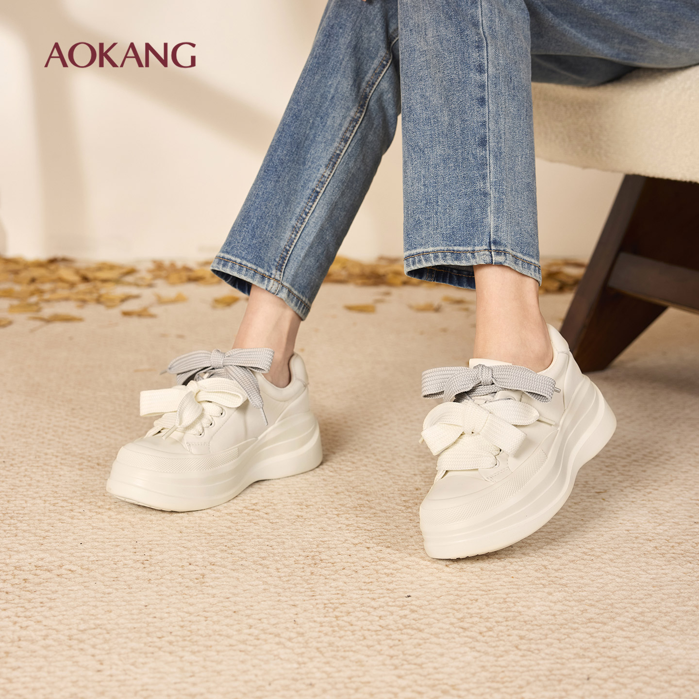 奥康 女鞋2025秋季新款小白鞋厚底增高休闲板鞋学生运动百搭鞋子