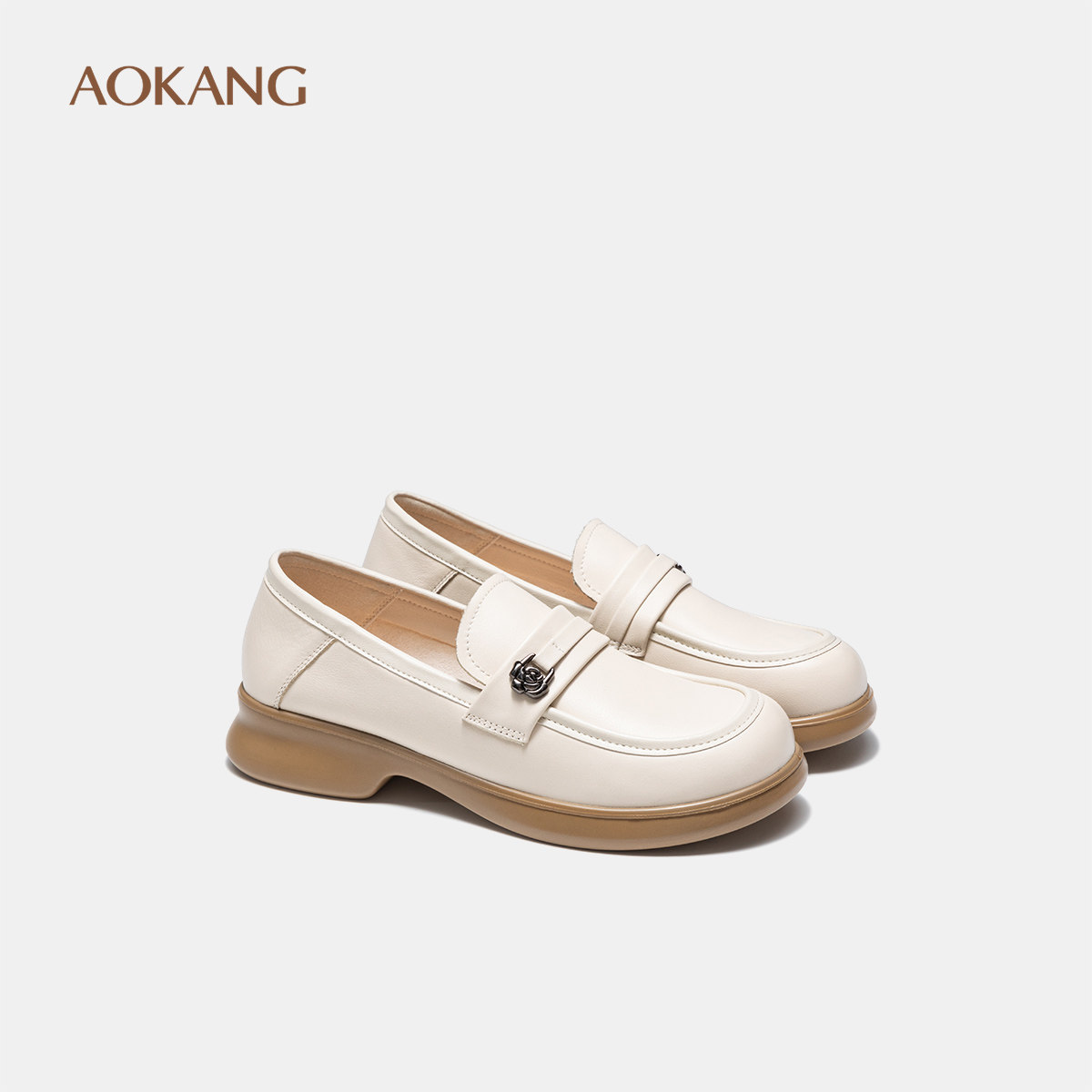 奥康 女鞋2025秋季乐福鞋真皮山茶花气质单鞋通勤平底黑色小皮鞋,女鞋,乐福鞋（豆豆鞋）,淘宝优惠券,粉丝福利购,淘宝优惠卷