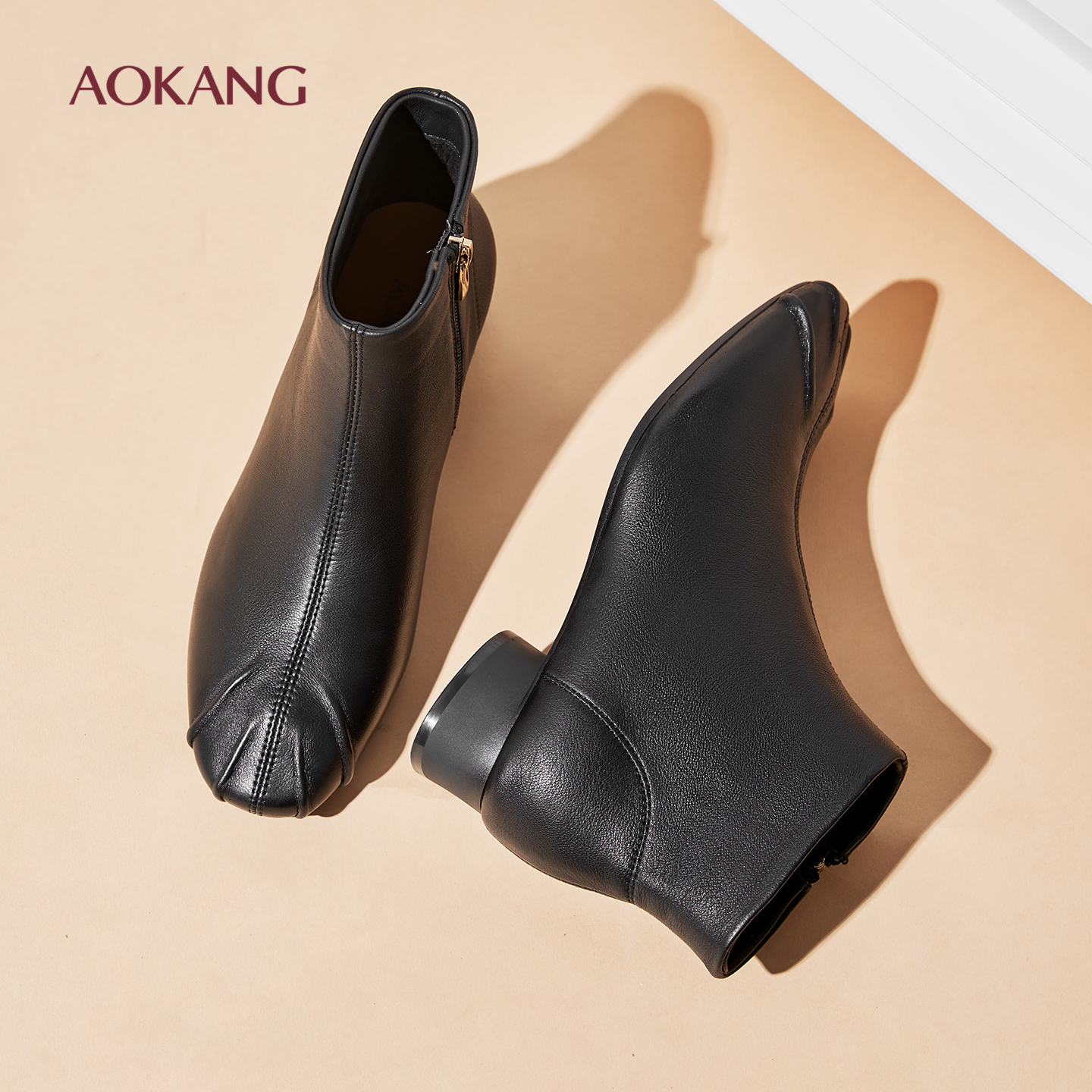 奥康 女鞋冬季真皮羊皮高帮棉鞋女士妈妈短靴舒适皮靴时装靴拉链L