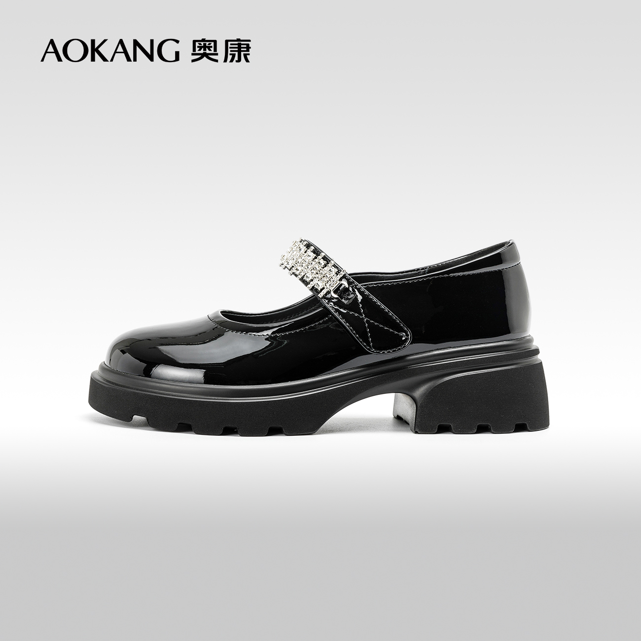 奥康女鞋 2024春季新款黑色小皮鞋水钻玛丽珍圆头单鞋厚底增高