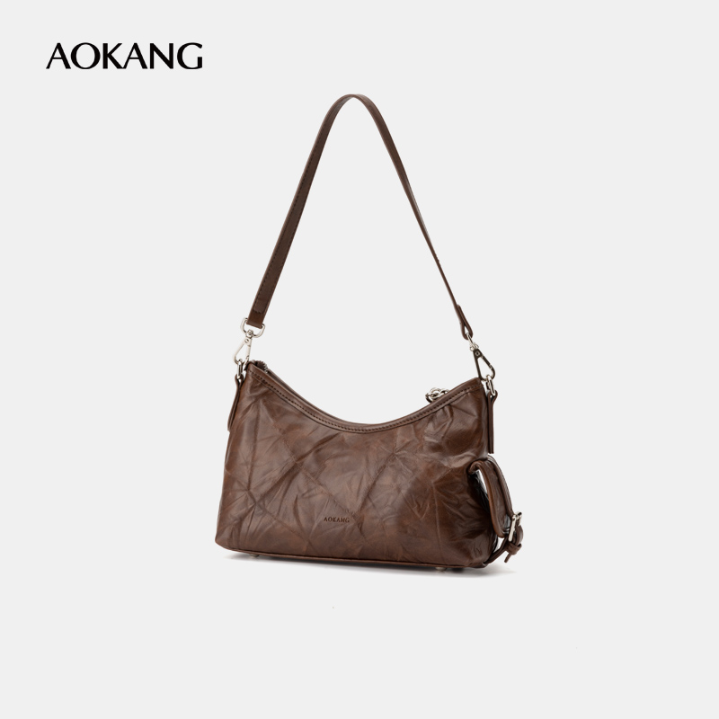 奥康女包腋下包复古高级感褶皱软皮月牙包包女单肩包百搭ins潮