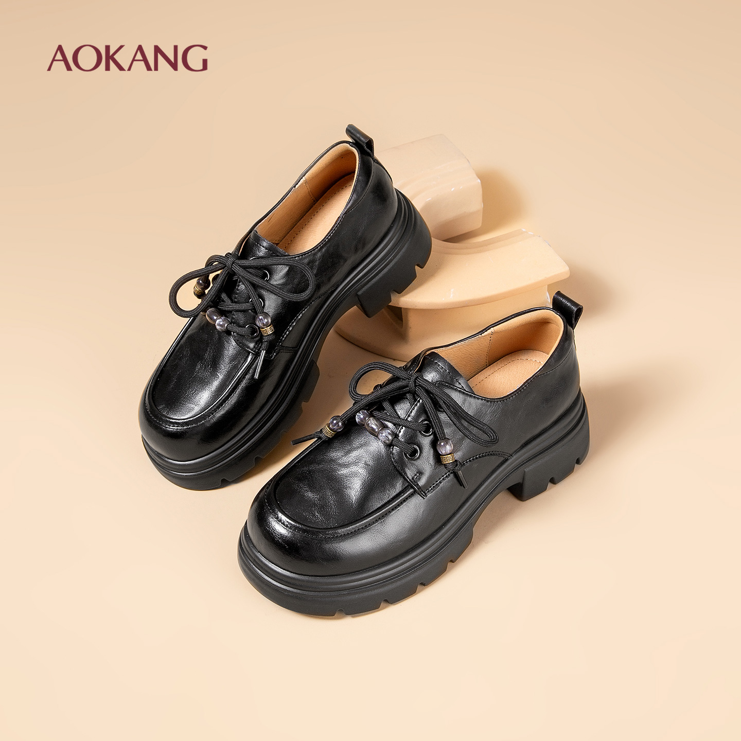 奥康 女鞋英伦风厚底小皮鞋女秋季新款增高系带单鞋粗跟乐福鞋N