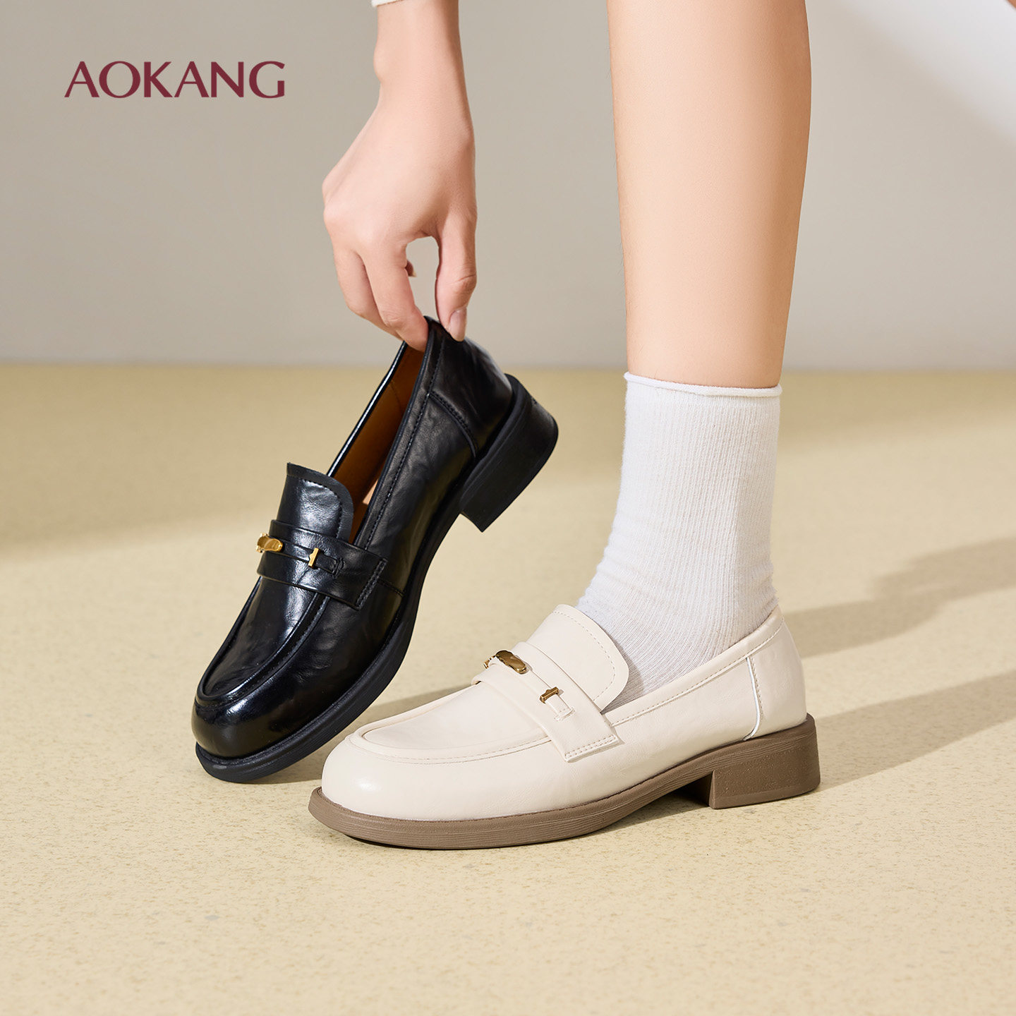 奥康 女鞋2026春季新款平底乐福鞋黑色小皮鞋一脚蹬深口单鞋子,女鞋,乐福鞋（豆豆鞋）,淘宝优惠券,粉丝福利购,淘宝优惠卷