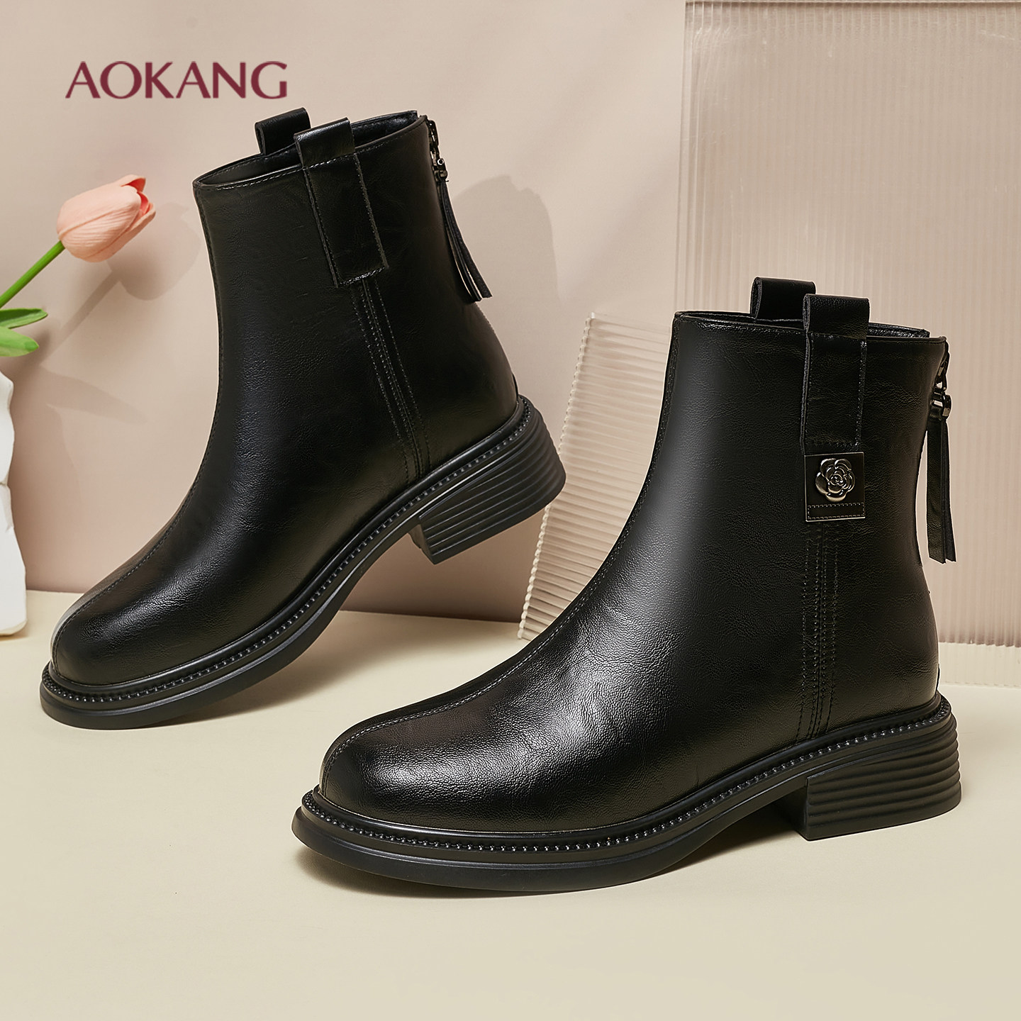 奥康 女鞋2025冬季时尚英伦风防滑耐磨厚底休闲百搭拉链靴子女F