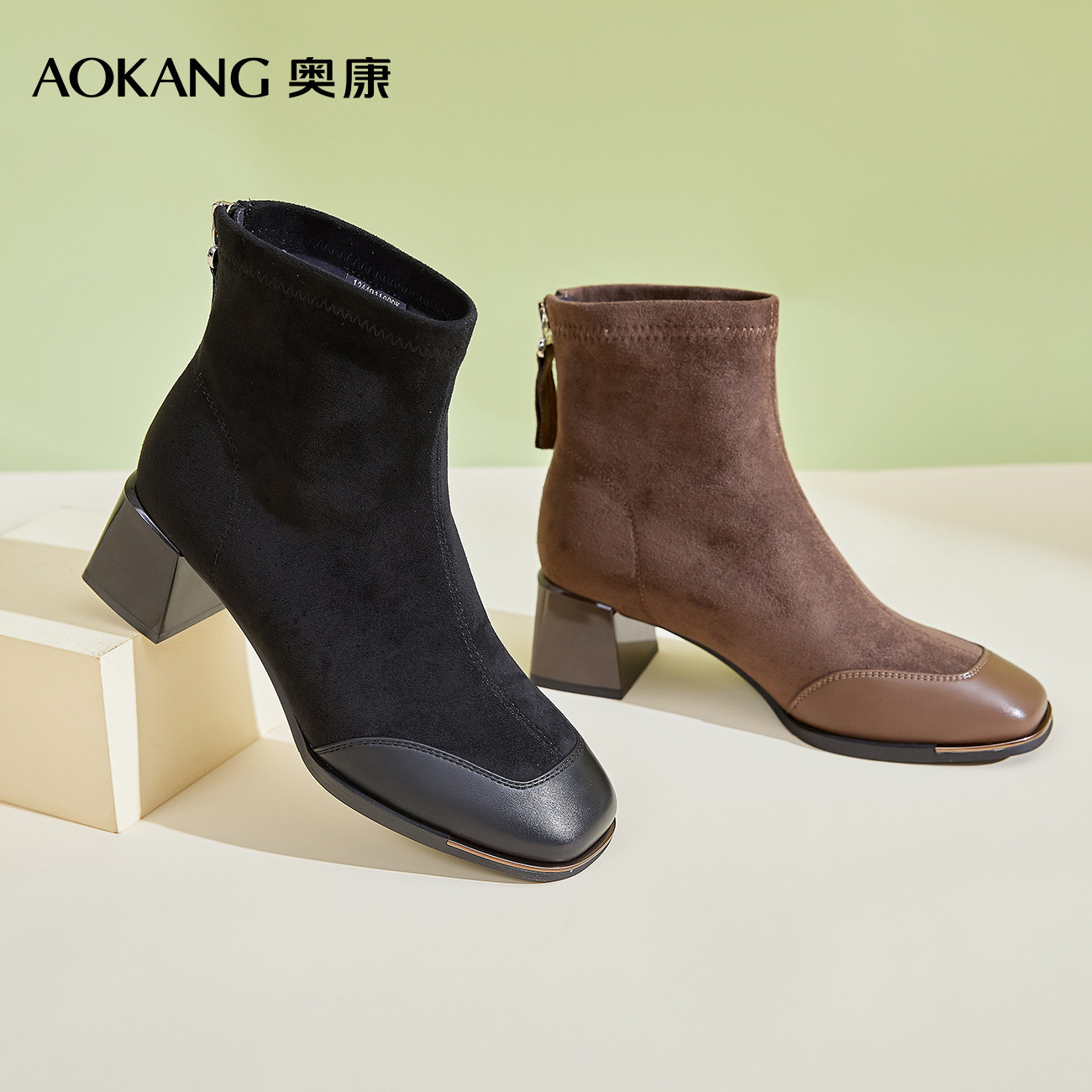 奥康 女鞋冬季拼接时尚粗跟时尚短靴后拉链坡跟时装靴