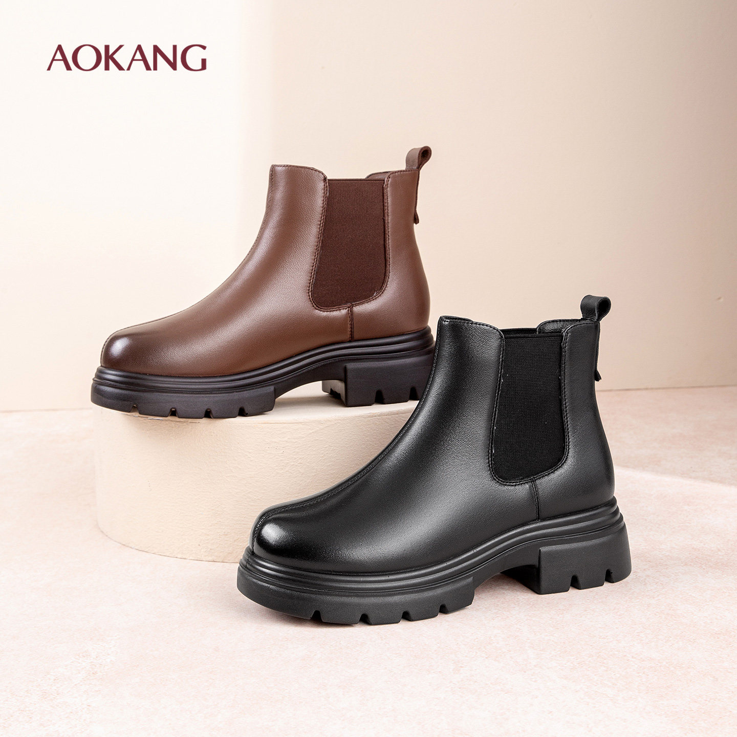 奥康 女鞋羊皮加绒马丁靴秋冬新款厚底短靴女切尔西女靴烟筒靴子N