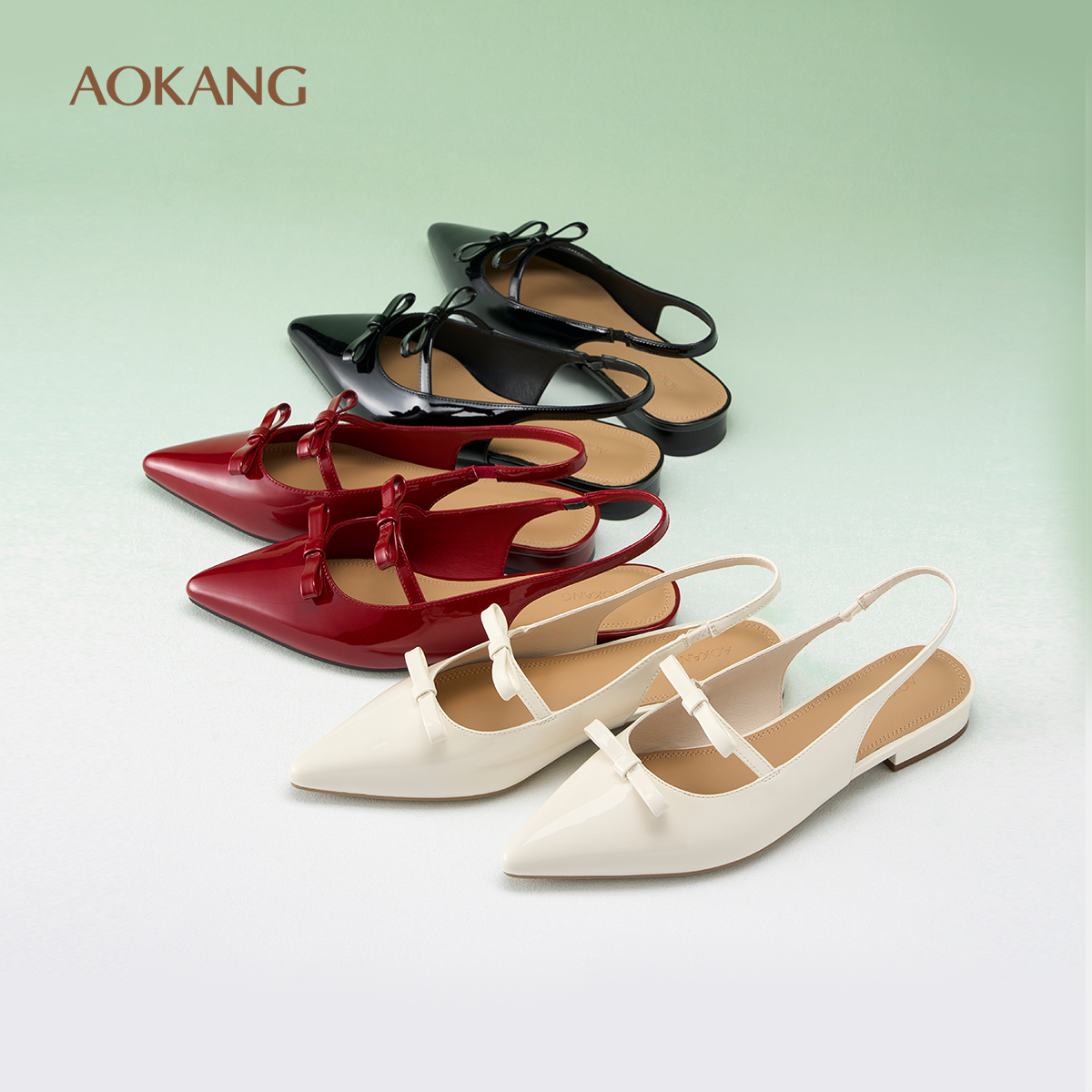 奥康 女鞋2025春季穆勒鞋漆皮通勤蝴蝶结中后空时尚平底凉鞋