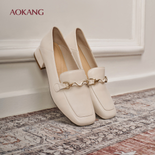 奥康 女鞋2025秋季新款乐福鞋白色软底方头羊皮鞋一脚蹬妈妈单鞋