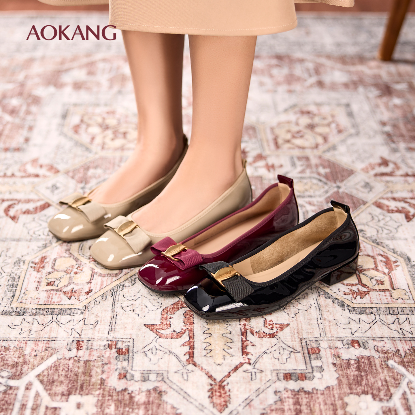 奥康 女鞋2025秋季新款蝴蝶结通勤红色浅口平底单鞋一脚蹬
