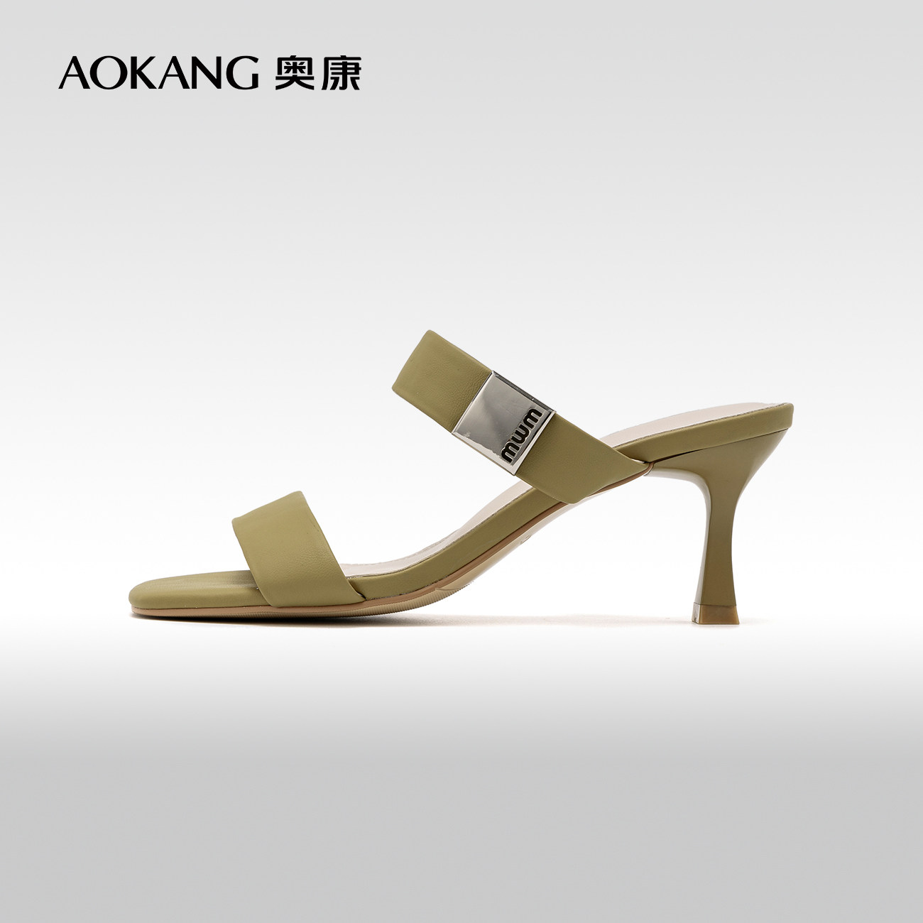 奥康女鞋 夏季新款方头小众设计感双带露趾细跟女士通勤坡跟凉鞋