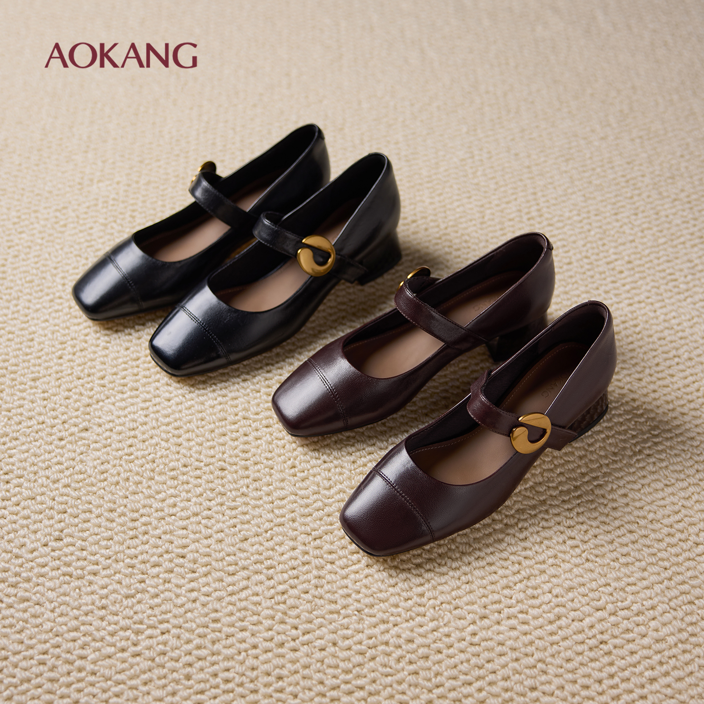 奥康 女鞋2025秋季新款棕色方头一字带玛丽珍浅口单鞋门店发货