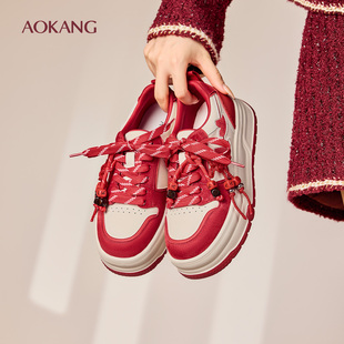 奥康 女鞋2025秋季厚底增高拼色松糕底板鞋红色休闲鞋门店发货