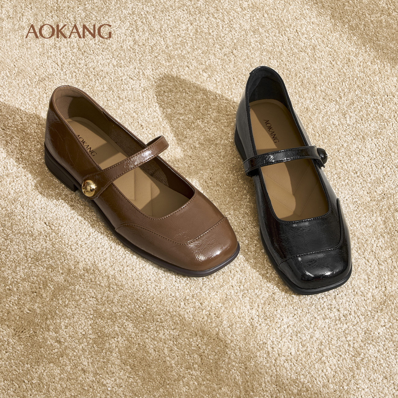 奥康女鞋复古小香风一字带单鞋时