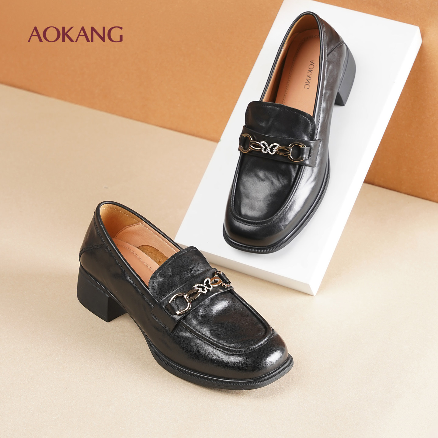 奥康 女鞋2026春季新款乐福鞋复古英伦小皮鞋真皮一脚蹬妈妈鞋L