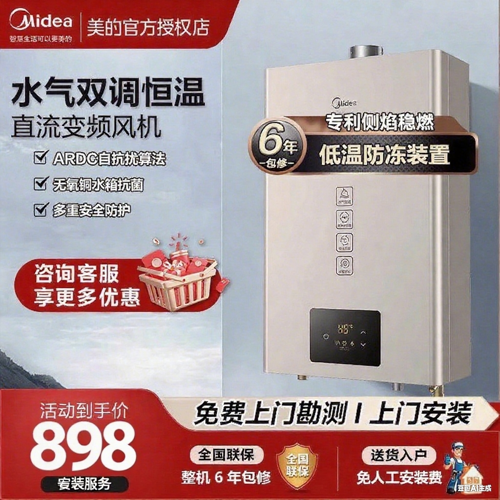 美的燃气热水器家用12L天然气厨房强排式节能省气16升洗澡恒温KMA