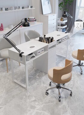 奶油风美甲桌椅套装日式单双人多功能带吸尘美甲桌轻奢网红美甲台