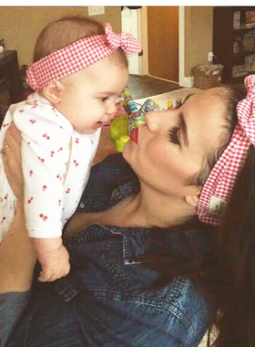 红色小格子兔耳朵蝴蝶结宝宝新年发饰棉质婴儿手工弹力发带满周岁