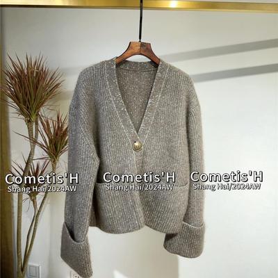 设计师款意大利金属感高克重牦牛绒拉毛金银丝开衫慵懒感毛衣