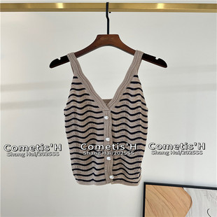 小众设计师真丝桑蚕丝100 吊带背心 %Silk波浪条纹珍珠法式